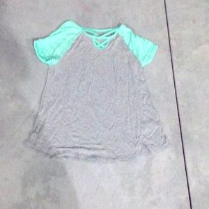Tee-shirt crossed front teal shoulders